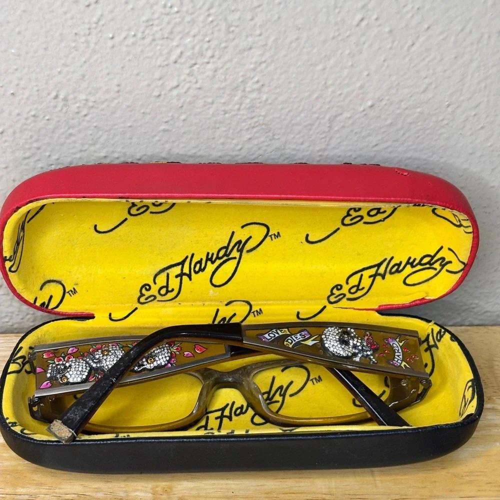 Ed Hardy Eyeglass Frames Women 52-16-140 Sky Amber Rhinestone Skull EH0712